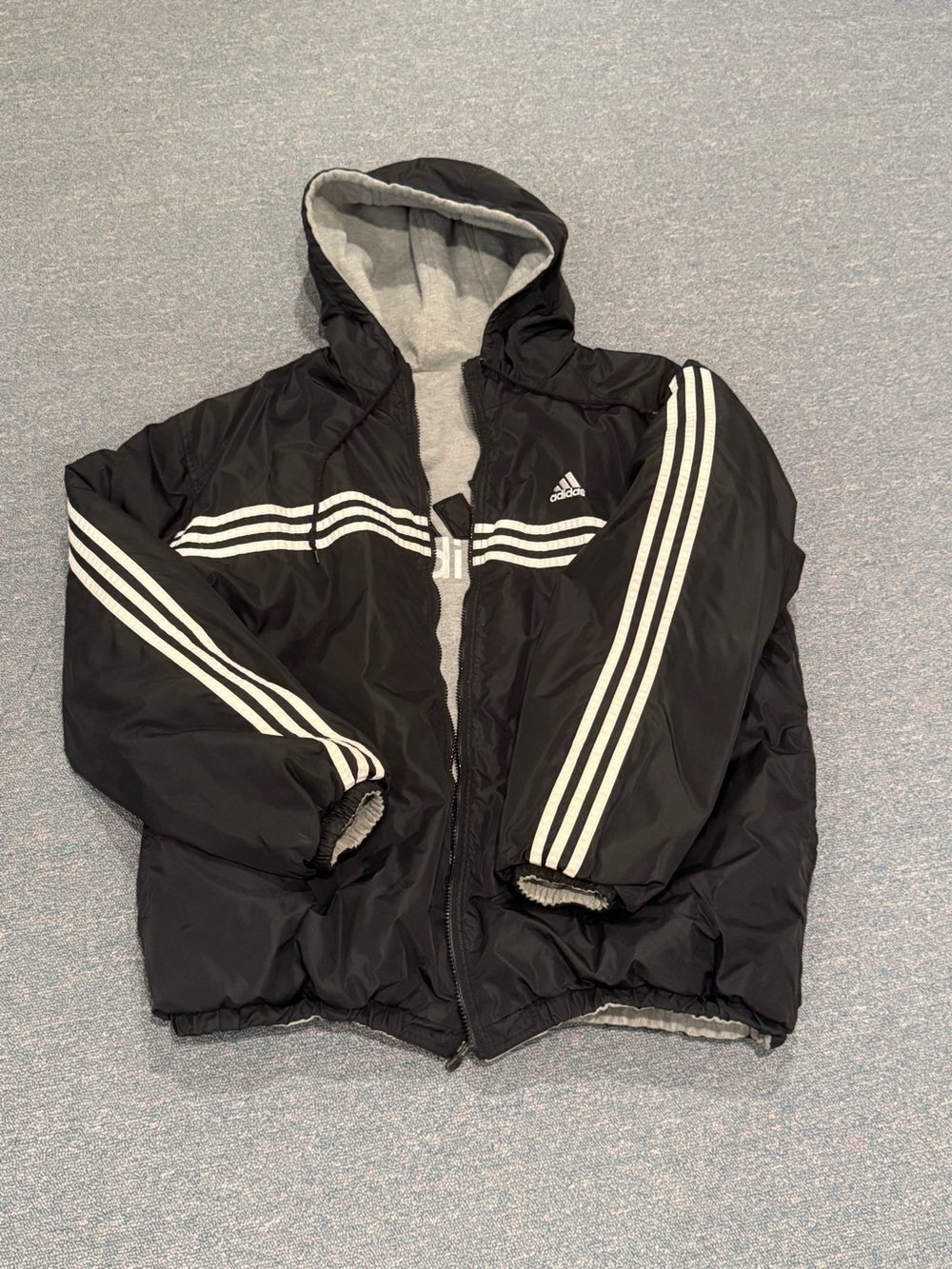 Vintage Adidas Black Hooded Reversible Hooded Puffer Jacket with White Stripe
